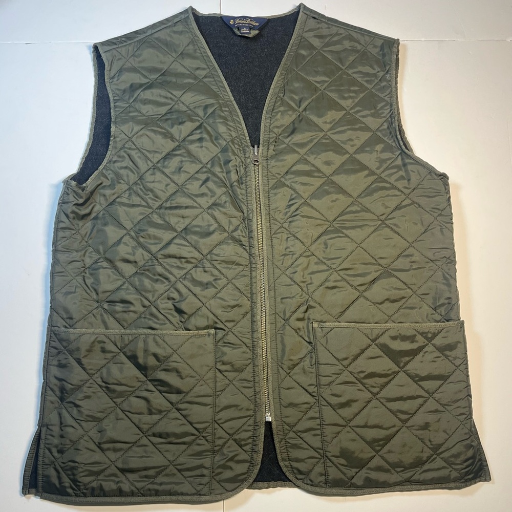 Brooks Brothers Medium Quilted Vest Green Wool Lined Zip Utility Hunting Style